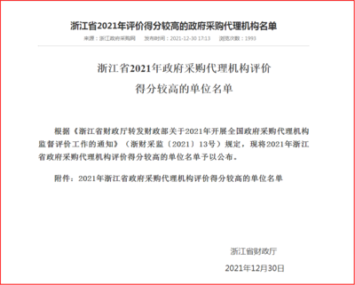 喜报 | 鼎力管理入选浙江省2021年评价得分较高的综合型政府采购代理机构